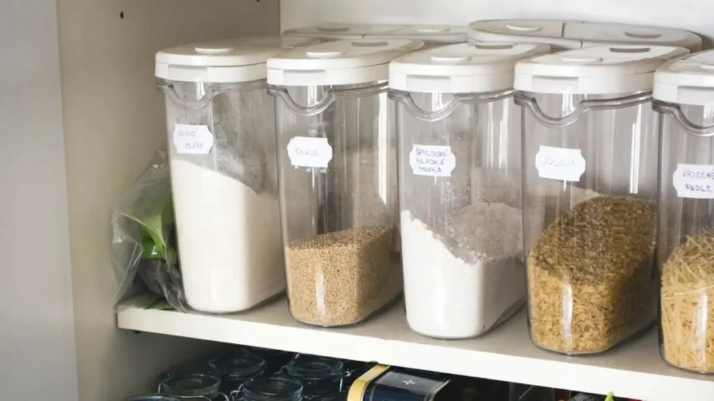 Pantry staples list in action: labeled glass jars of grains on a kitchen shelf